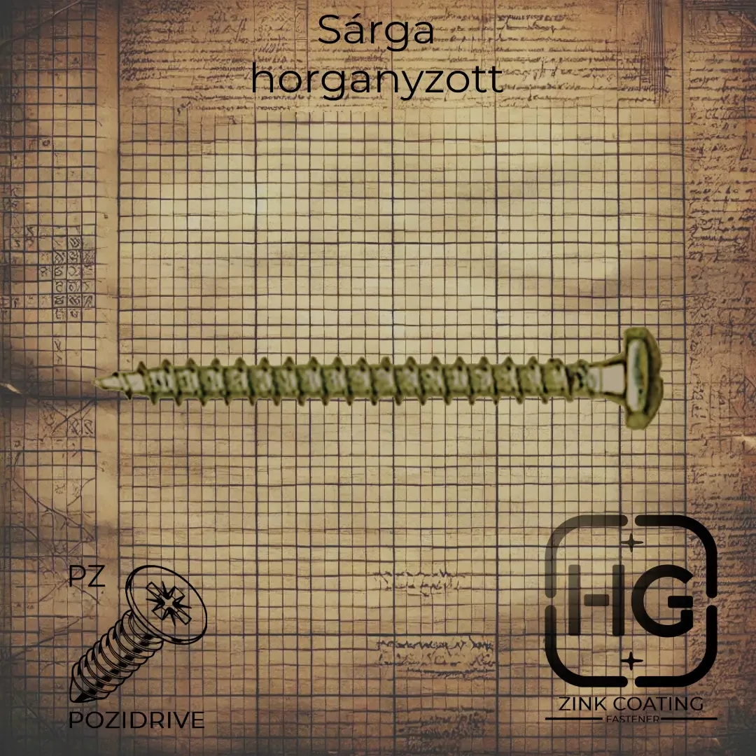 5 x 80 mm Sárga horganyzott tövigmenetes domborúfejű PZ kereszthornyos forgácslapcsavar, DIN 7505TB szabványú