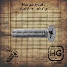 Horganyzott PH kereszthornyos süllyesztett fejű metrikus csavar, DIN 965 szabványú, 4.8 minőségű