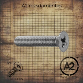 Rozsdamentes PH kereszthornyos süllyesztett fejű metrikus csavar, DIN 965 szabványú, A2 minőségű