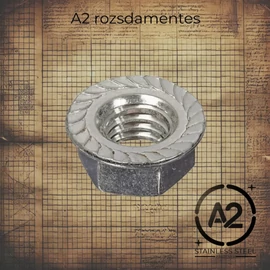 Rozsdamentes recézett peremes anya, DIN 6923 szabványú, A2 minőségű