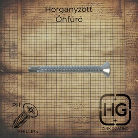 Horganyzott süllyesztett fejű PH kereszthornyos fúróhegyes lemezcsavar, DIN 7504P szabványú