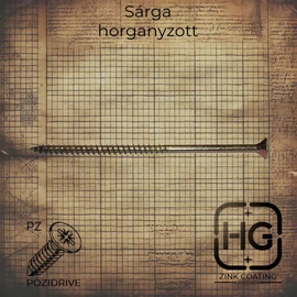 Sárga horganyzott részmenetes süllyesztett fejű PZ kereszthornyos forgácslapcsavar, DIN 7505R szabványú