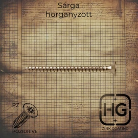 Sárga horganyzott süllyesztett fejű PZ kereszthornyos forgácslapcsavar, DIN 7505T szabványú