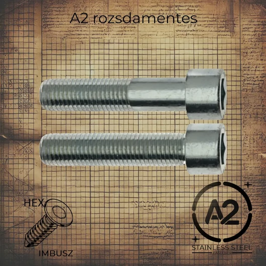 M10 x 45 mm Rozsdamentes imbusz kulcsnyílású hengeres fejű metrikus csavar, DIN 912 szabványú, A2 minőségű