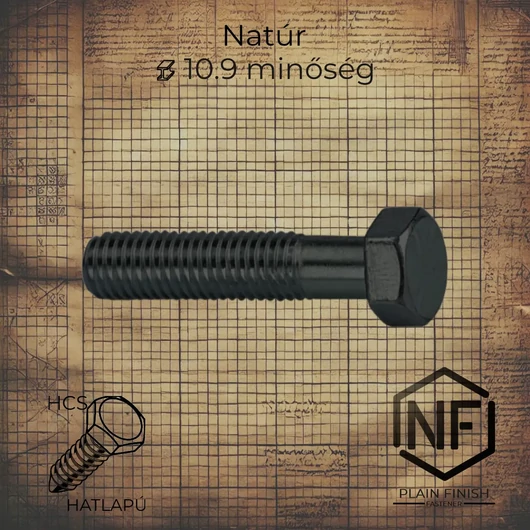 M20 x 75 mm Natúr felületű részmenetes hatlapfejű metrikus csavar, DIN 931 szabványú, 10.9 minőségű