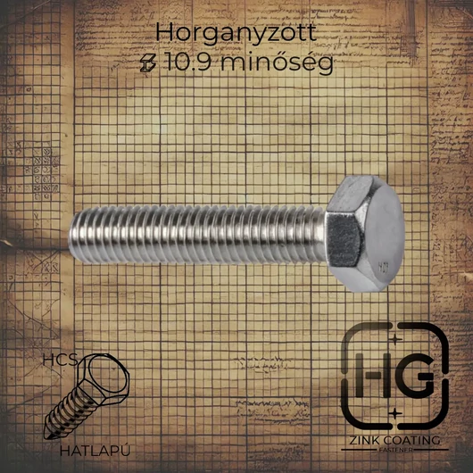 M12 x 35 mm Horganyzott tövigmenetes hatlapfejű metrikus csavar, DIN 933 szabványú, 10.9 minőségű