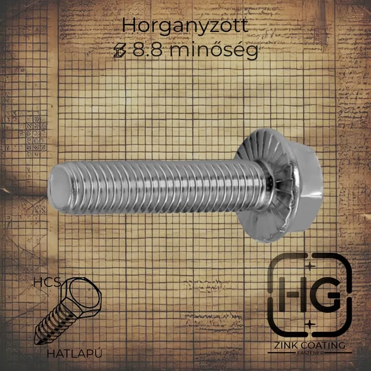 M10 x 30 mm Horganyzott peremes bordázott hatlapfejű metrikus csavar, DIN 6921 szabványú, 8.8 minőségű