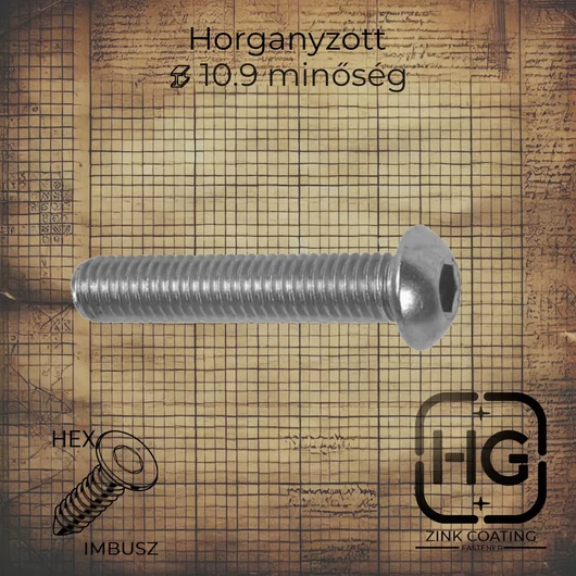 M5 x 12 mm Horganyzott imbusz kulcsnyílású tövigmenetes domborúfejű metrikus csavar, ISO 7380 szabványú, 10.9 minőségű