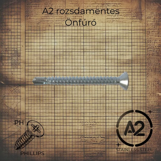 4,2 x 32 mm Rozsdamentes süllyesztett fejű PH kereszthornyos fúróhegyes lemezcsavar, DIN 7504P szabványú, A2 minőségű