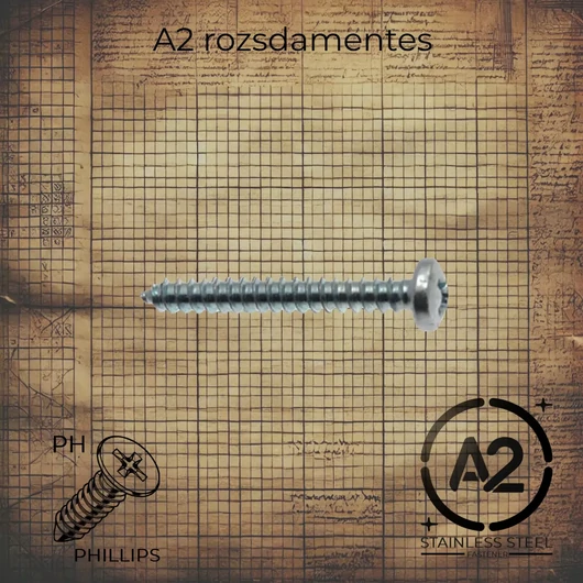 4,2 x 16 mm Rozsdamentes domborúfejű PH kereszthornyos lemezcsavar, DIN 7981C szabványú, A2 minőségű