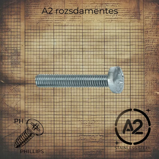 M6 x 16 mm Rozsdamentes PH kereszthornyos domborúfejű metrikus csavar, DIN 7985 szabványú, A2 minőségű