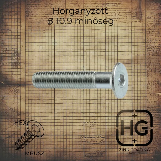 M16 x 40 mm Horganyzott imbusz kulcsnyílású süllyesztett fejű metrikus csavar, DIN 7991 szabványú, 10.9 minőségű