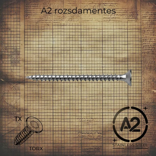 5 x 100 mm Rozsdamentes tövigmenetes süllyesztett fejű TX torx forgácslapcsavar, DIN 7505TX szabványú, A2 minőségű